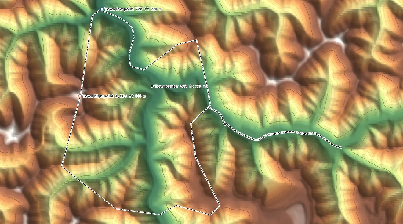 Topographic elevation map of Delbarton, West Virginia, shaded from 720 ft on the northwest side to 1,860 ft on the west side