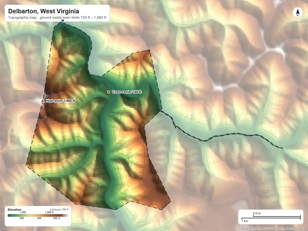 Topographic elevation map of Delbarton, West Virginia, shaded from 720 ft on the northwest side to 1,860 ft on the west side