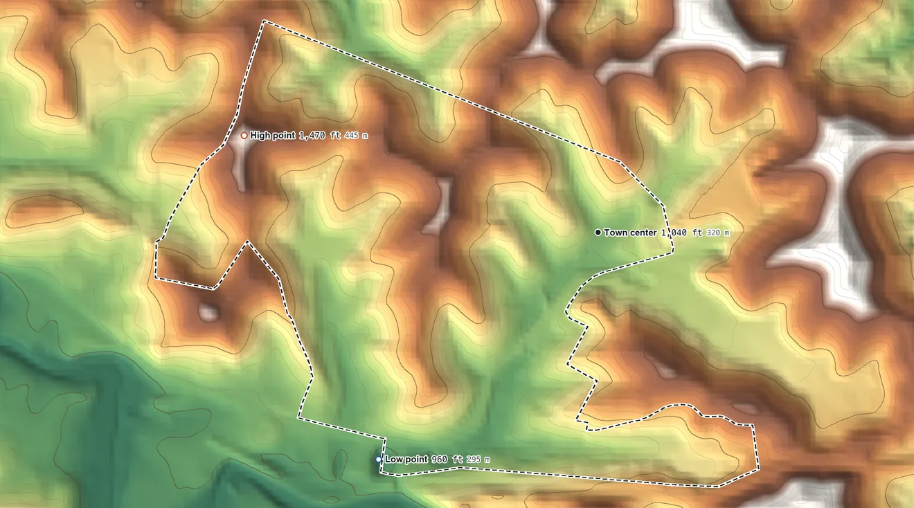 Topographic elevation map of Despard, West Virginia, shaded from 960 ft on the southwest side to 1,470 ft on the west side