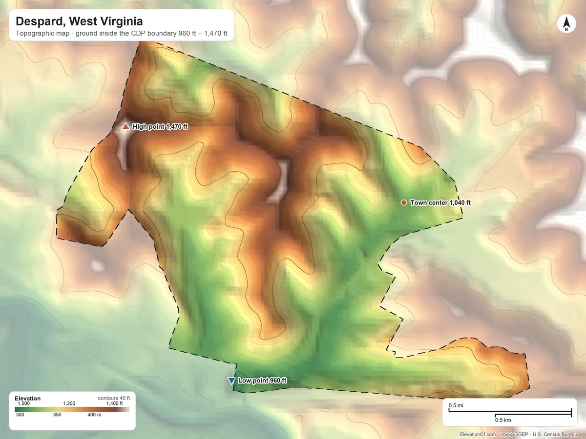 Topographic elevation map of Despard, West Virginia, shaded from 960 ft on the southwest side to 1,470 ft on the west side