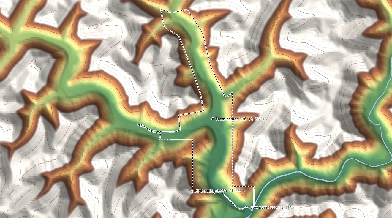 Topographic elevation map of Dixie, West Virginia, shaded from 690 ft on the south side to 1,230 ft on the south edge, below higher ground just outside