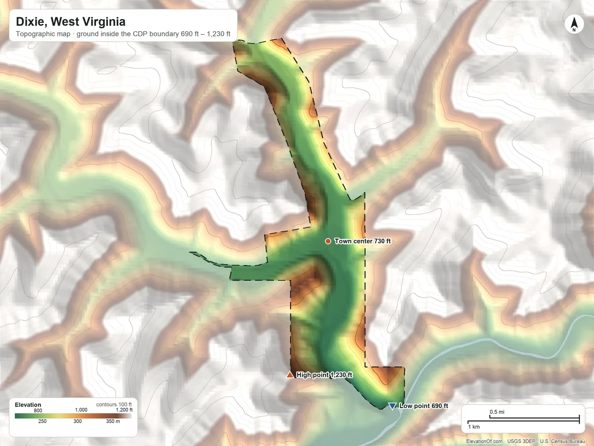 Topographic elevation map of Dixie, West Virginia, shaded from 690 ft on the south side to 1,230 ft on the south edge, below higher ground just outside