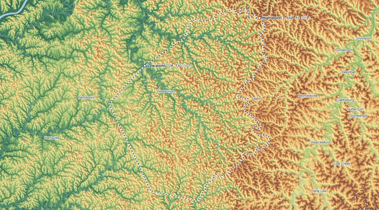 Topographic elevation map of Doddridge County, West Virginia, shaded from 720 ft on the northwest side to 1,660 ft on the northeast side