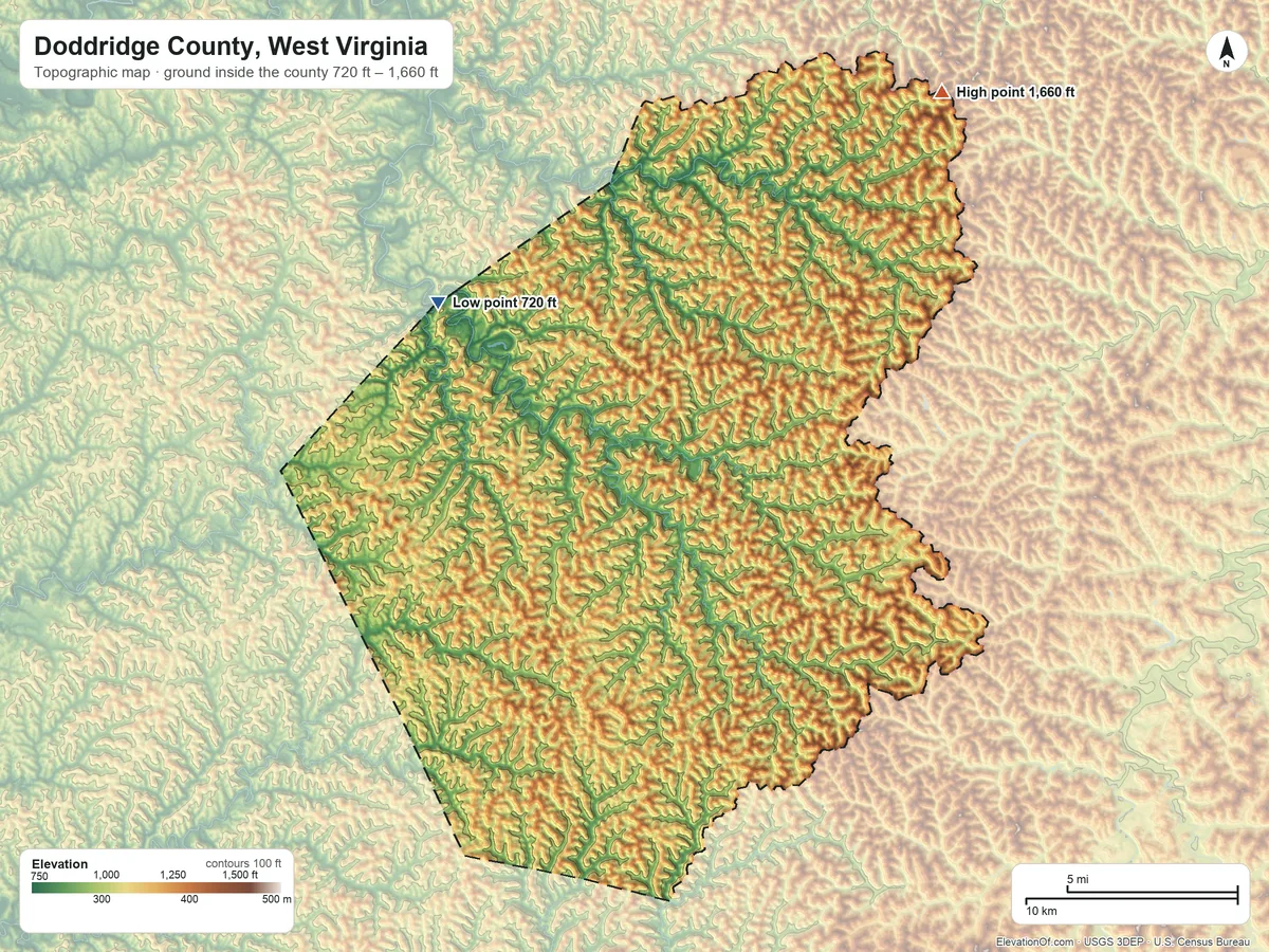 Topographic elevation map of Doddridge County, West Virginia, shaded from 720 ft on the northwest side to 1,660 ft on the northeast side