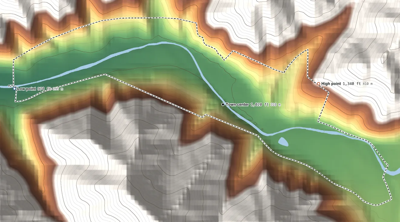 Topographic elevation map of Dorothy, West Virginia, shaded from 970 ft on the west side to 1,340 ft on the east edge, below higher ground just outside