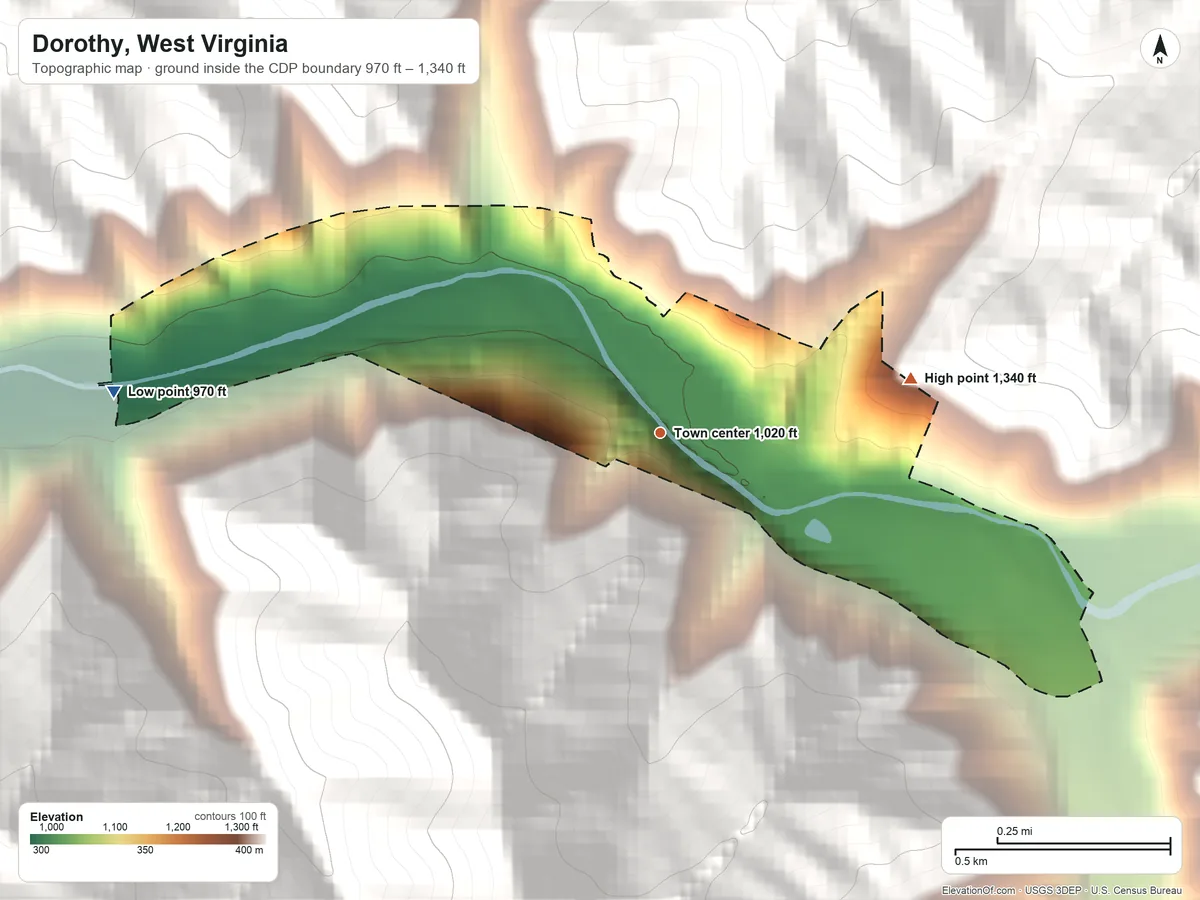 Topographic elevation map of Dorothy, West Virginia, shaded from 970 ft on the west side to 1,340 ft on the east edge, below higher ground just outside