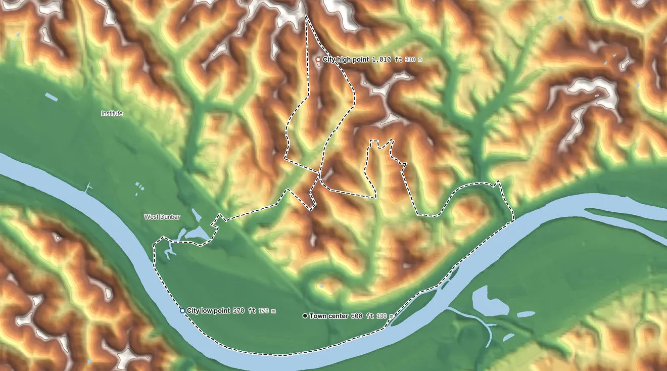 Topographic elevation map of Dunbar, West Virginia, shaded from 570 ft on the west side to 1,010 ft on the north side
