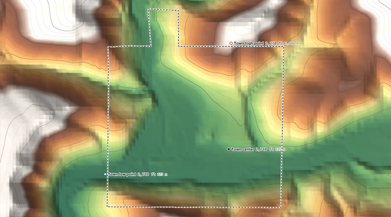 Topographic elevation map of Durbin, West Virginia, shaded from 2,700 ft on the west side to 3,270 ft on the north edge, below higher ground just outside