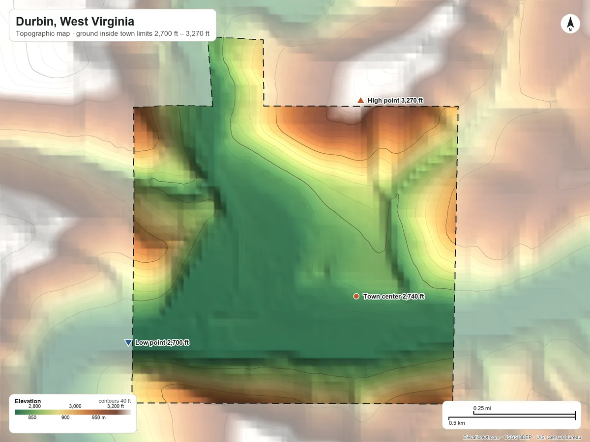 Topographic elevation map of Durbin, West Virginia, shaded from 2,700 ft on the west side to 3,270 ft on the north edge, below higher ground just outside