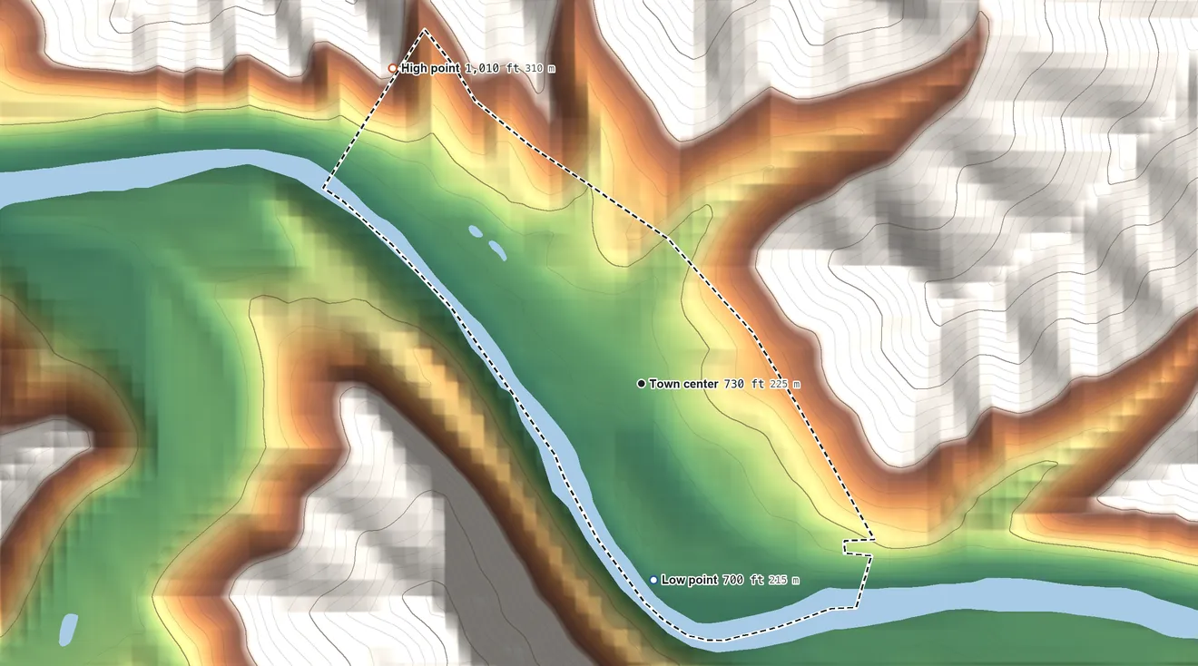 Topographic elevation map of Earling, West Virginia, shaded from 700 ft on the south side to 1,010 ft at the foot of the Huff Mountain