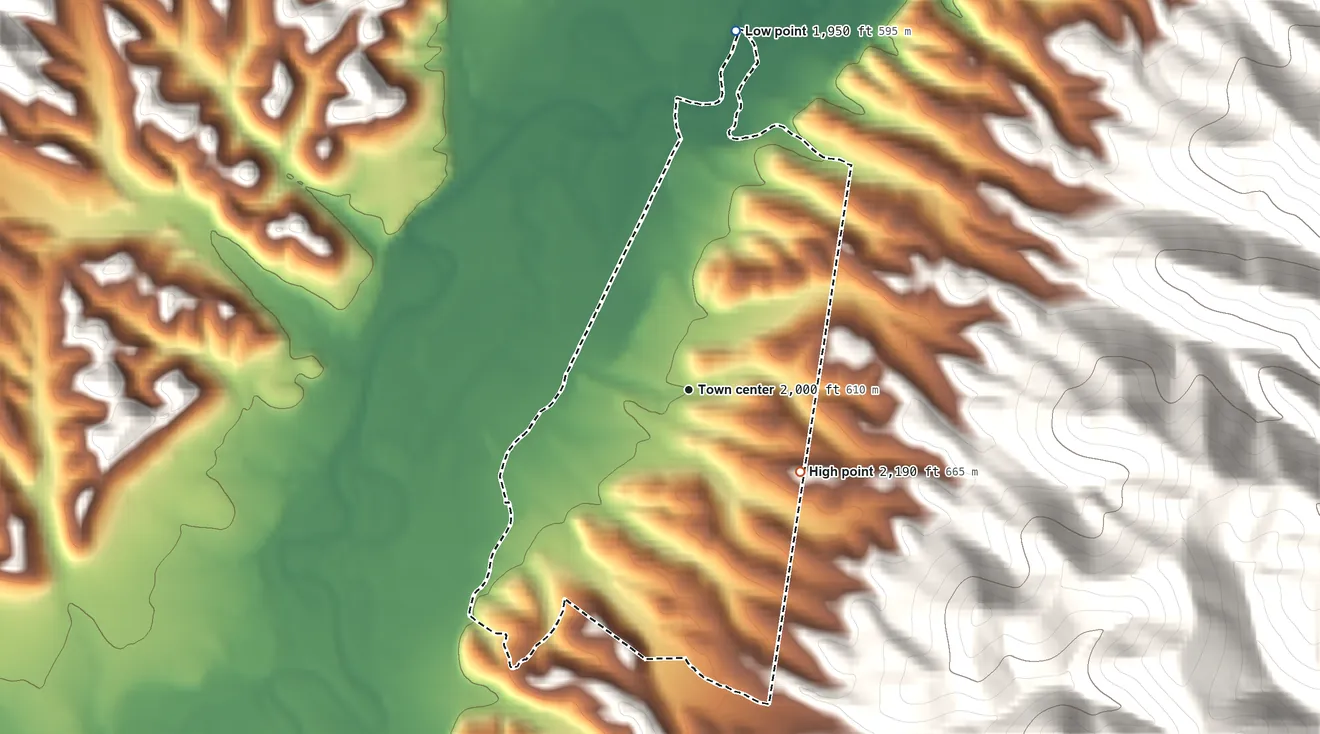 Topographic elevation map of East Dailey, West Virginia, shaded from 1,950 ft on the north side to 2,190 ft on the southeast edge, below higher ground just outside