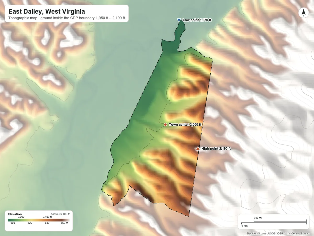 Topographic elevation map of East Dailey, West Virginia, shaded from 1,950 ft on the north side to 2,190 ft on the southeast edge, below higher ground just outside