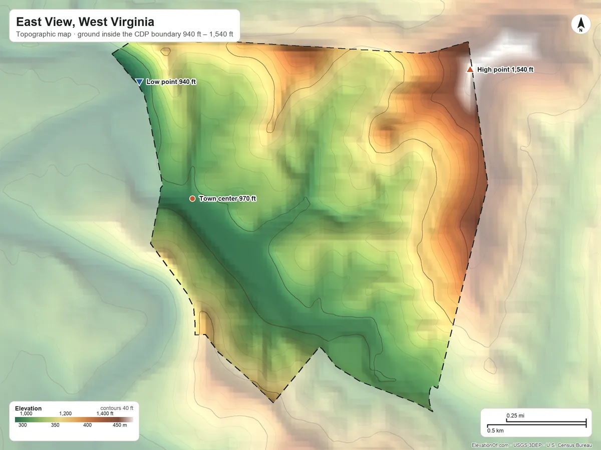 Topographic elevation map of East View, West Virginia, shaded from 940 ft on the northwest side to 1,540 ft on the northeast side