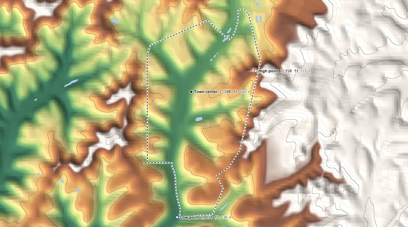 Topographic elevation map of Eccles, West Virginia, shaded from 2,070 ft on the south side to 2,350 ft on the east side