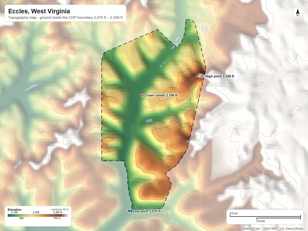 Topographic elevation map of Eccles, West Virginia, shaded from 2,070 ft on the south side to 2,350 ft on the east side