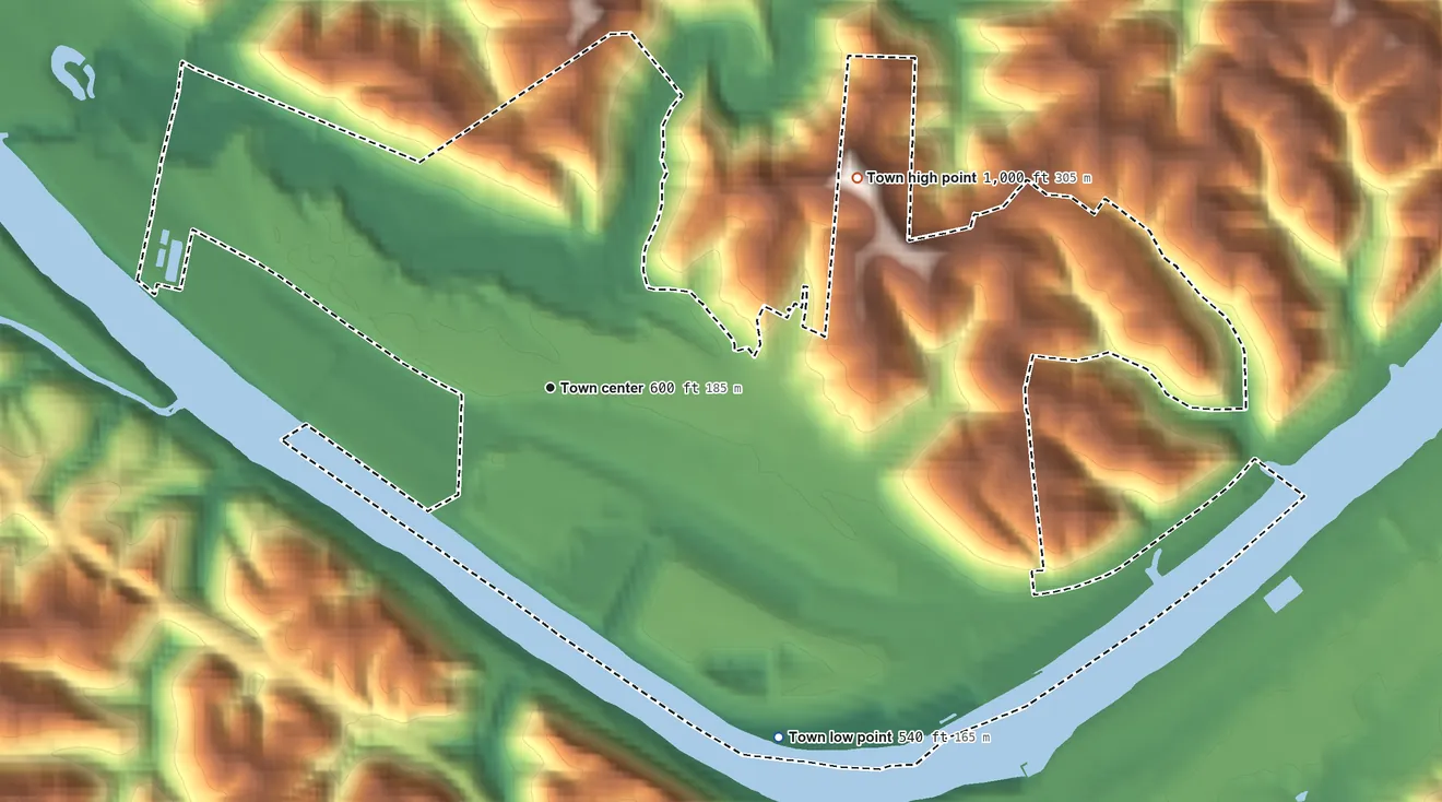 Topographic elevation map of Eleanor, West Virginia, shaded from 540 ft on the southeast side to 1,000 ft on the northeast side