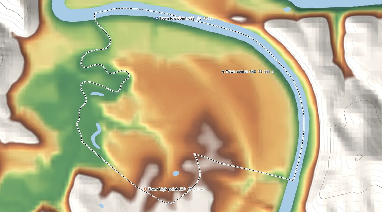 Topographic elevation map of Elizabeth, West Virginia, shaded from 600 ft on the northwest side to 670 ft on the southwest edge, below higher ground just outside
