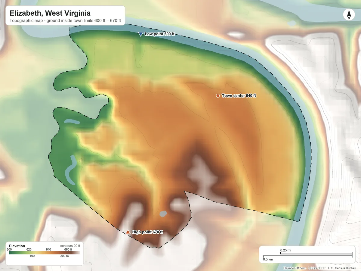 Topographic elevation map of Elizabeth, West Virginia, shaded from 600 ft on the northwest side to 670 ft on the southwest edge, below higher ground just outside