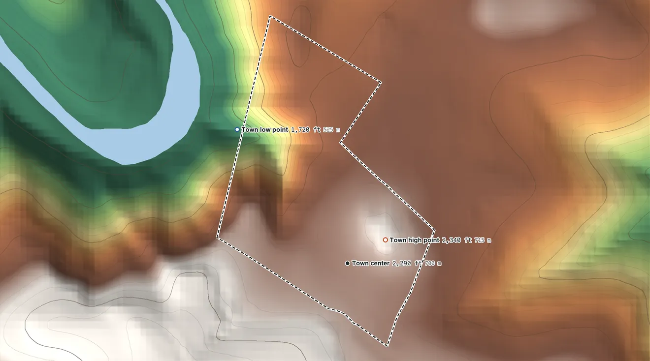 Topographic elevation map of Elk Garden, West Virginia, shaded from 1,720 ft on the northwest side to 2,340 ft on the northeast side