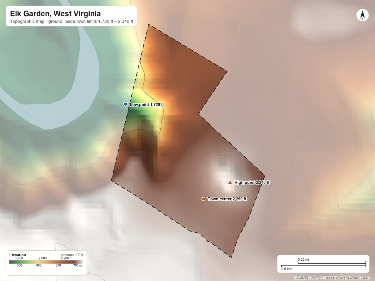 Topographic elevation map of Elk Garden, West Virginia, shaded from 1,720 ft on the northwest side to 2,340 ft on the northeast side