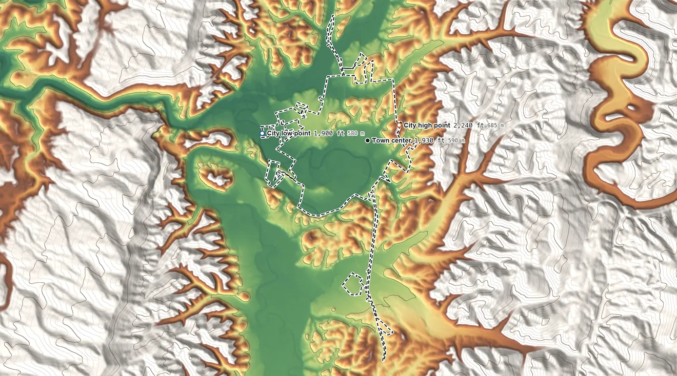 Topographic elevation map of Elkins, West Virginia, shaded from 1,900 ft on the west side to 2,240 ft on the northeast edge, below higher ground just outside