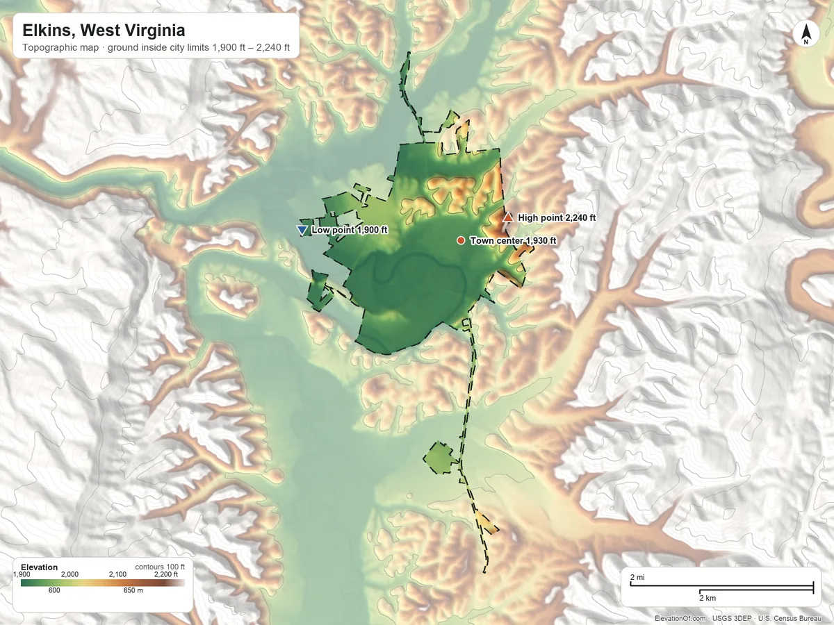 Topographic elevation map of Elkins, West Virginia, shaded from 1,900 ft on the west side to 2,240 ft on the northeast edge, below higher ground just outside