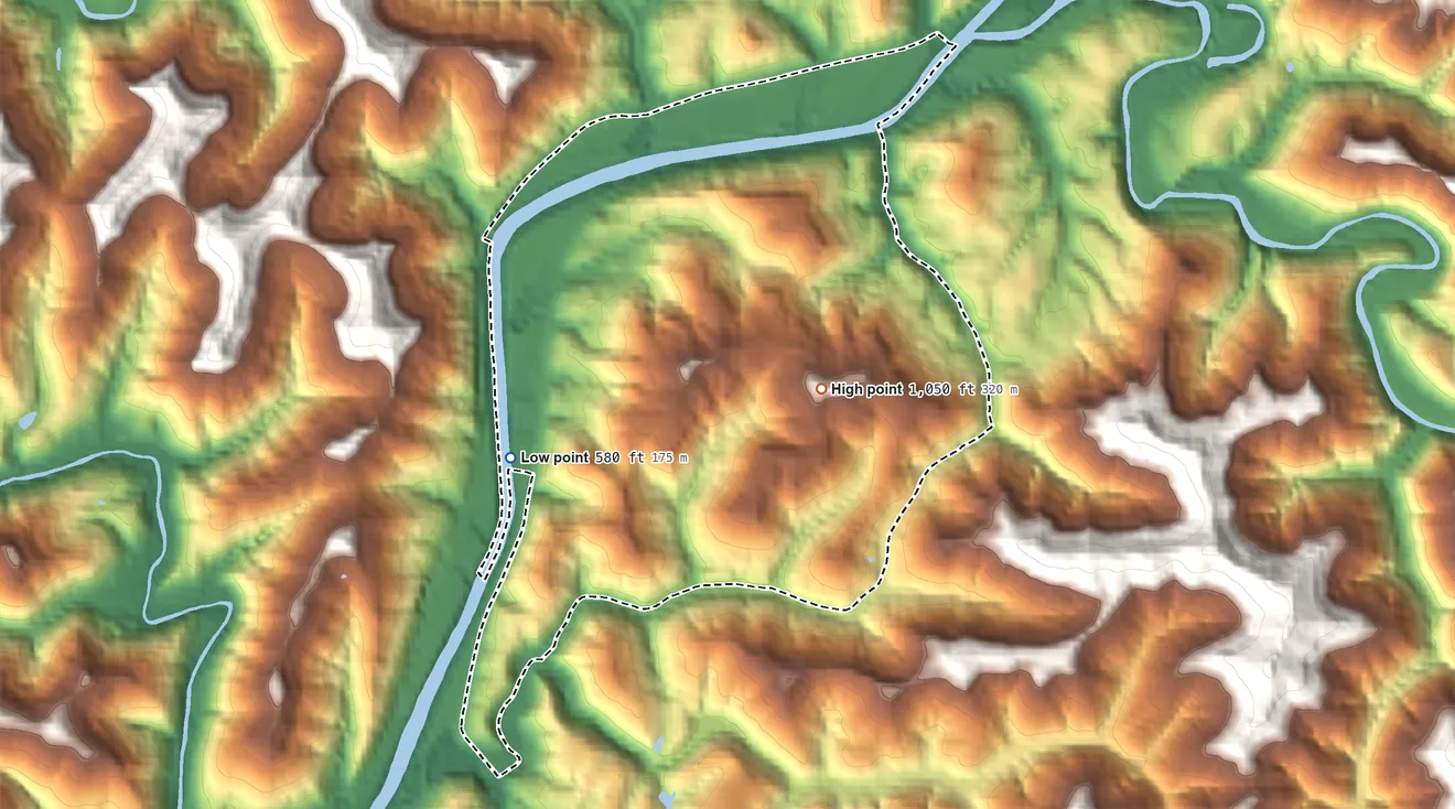 Topographic elevation map of Elkview, West Virginia, shaded from 580 ft on the southwest side to 1,050 ft on the southeast side