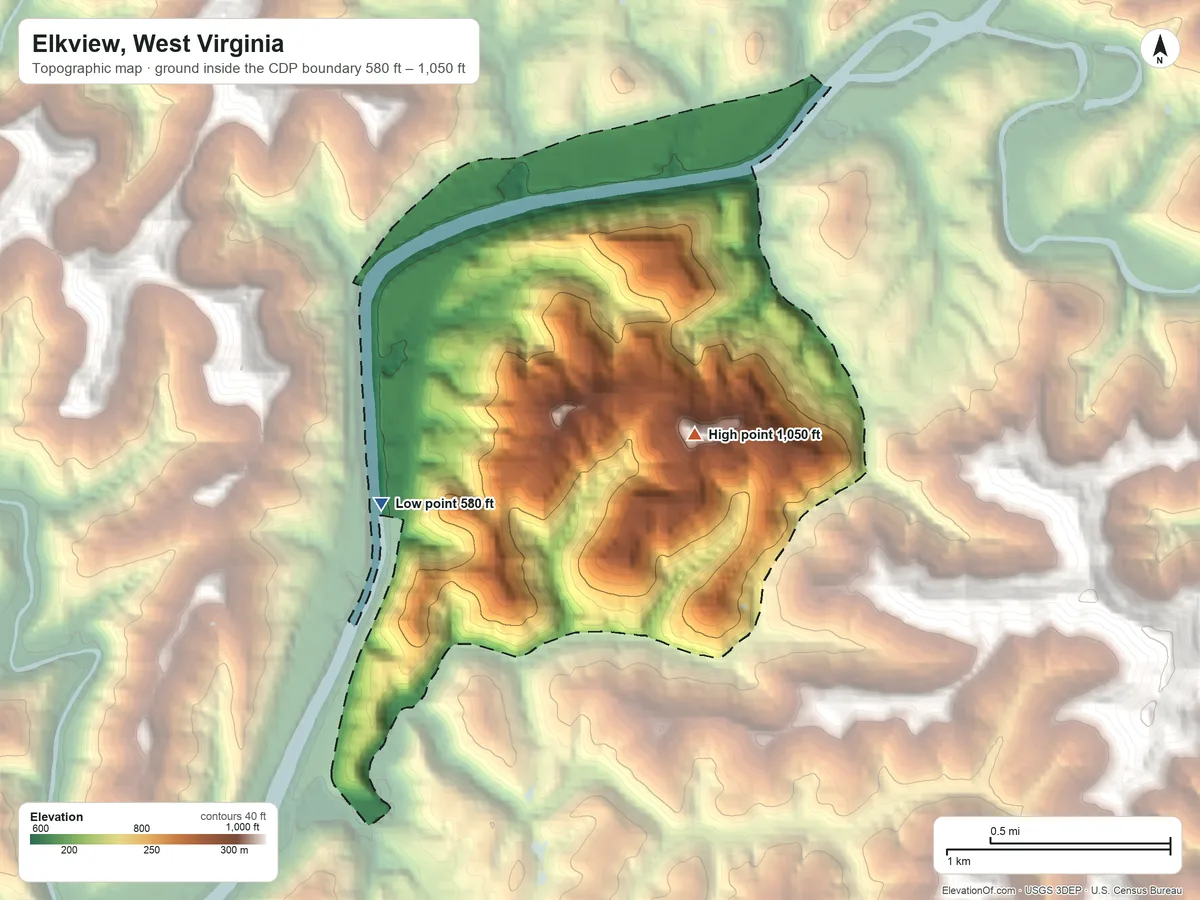Topographic elevation map of Elkview, West Virginia, shaded from 580 ft on the southwest side to 1,050 ft on the southeast side