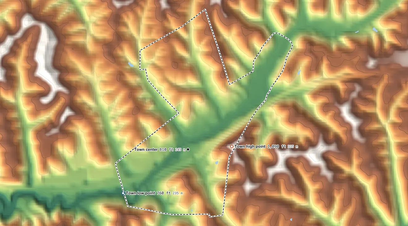 Topographic elevation map of Ellenboro, West Virginia, shaded from 760 ft on the southwest side to 1,090 ft on the east side