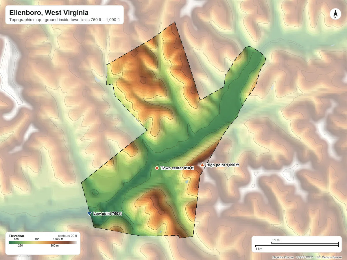 Topographic elevation map of Ellenboro, West Virginia, shaded from 760 ft on the southwest side to 1,090 ft on the east side
