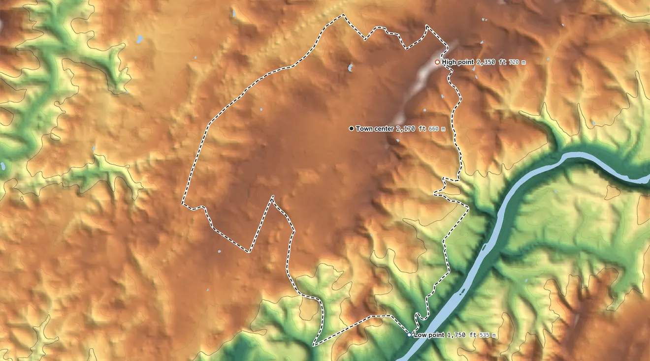 Topographic elevation map of Fairlea, West Virginia, shaded from 1,750 ft on the south side to 2,350 ft on the northeast side