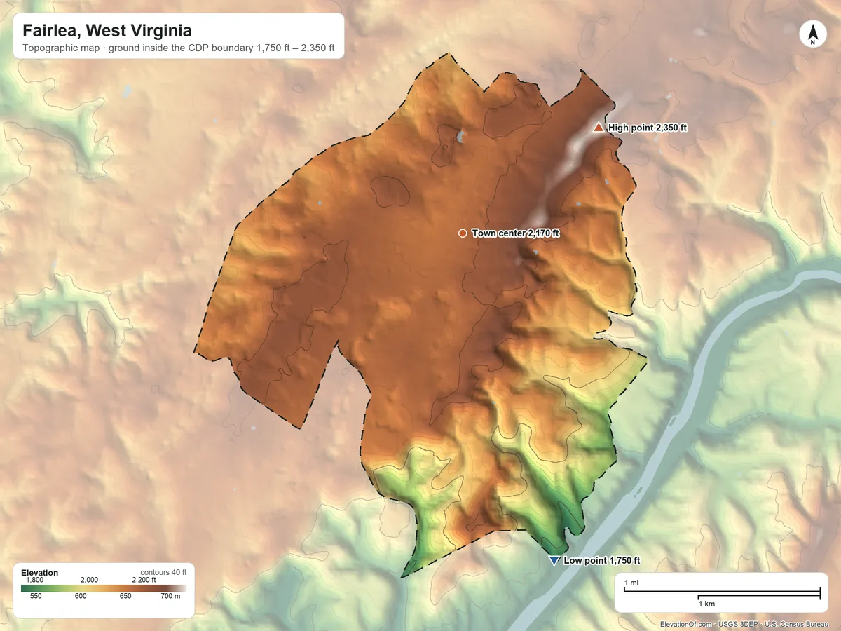 Topographic elevation map of Fairlea, West Virginia, shaded from 1,750 ft on the south side to 2,350 ft on the northeast side