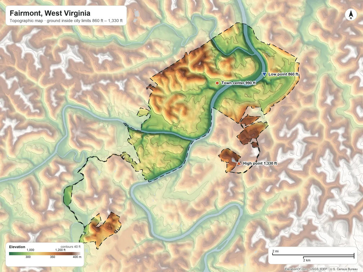 Topographic elevation map of Fairmont, West Virginia, shaded from 860 ft on the east side to 1,330 ft on the south side