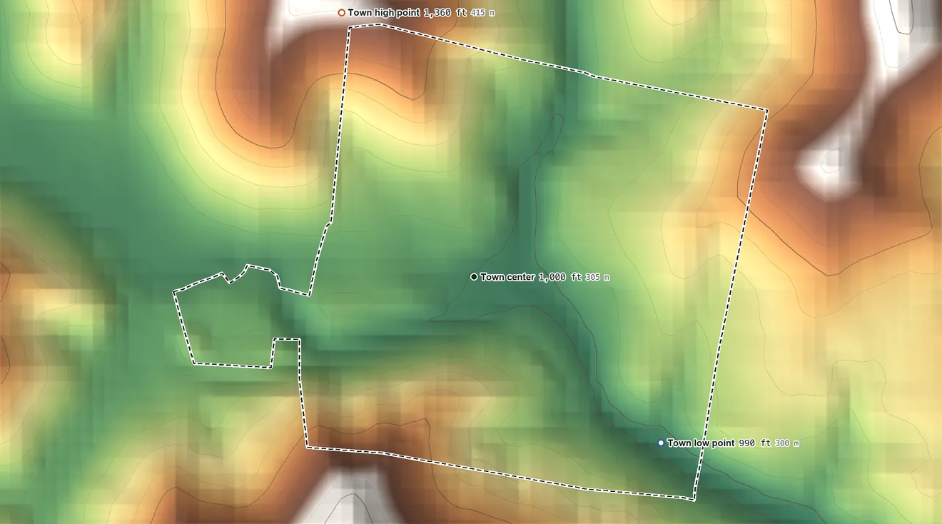 Topographic elevation map of Fairview, West Virginia, shaded from 990 ft on the southeast side to 1,360 ft on the northwest side