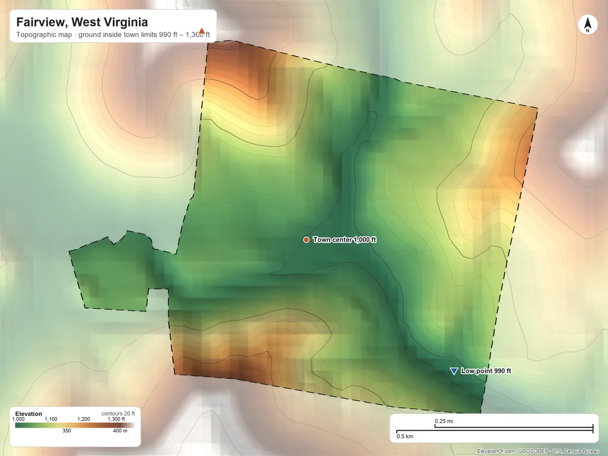 Topographic elevation map of Fairview, West Virginia, shaded from 990 ft on the southeast side to 1,360 ft on the northwest side