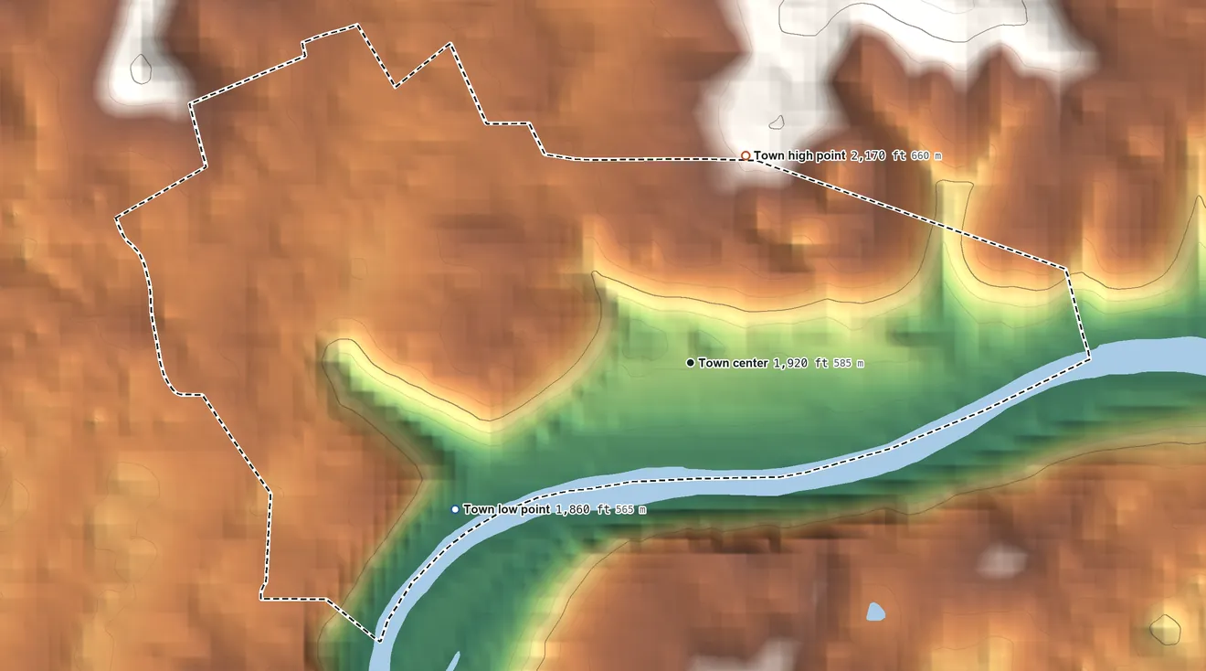 Topographic elevation map of Falling Spring, West Virginia, shaded from 1,860 ft on the southwest side to 2,170 ft on the north edge, below higher ground just outside
