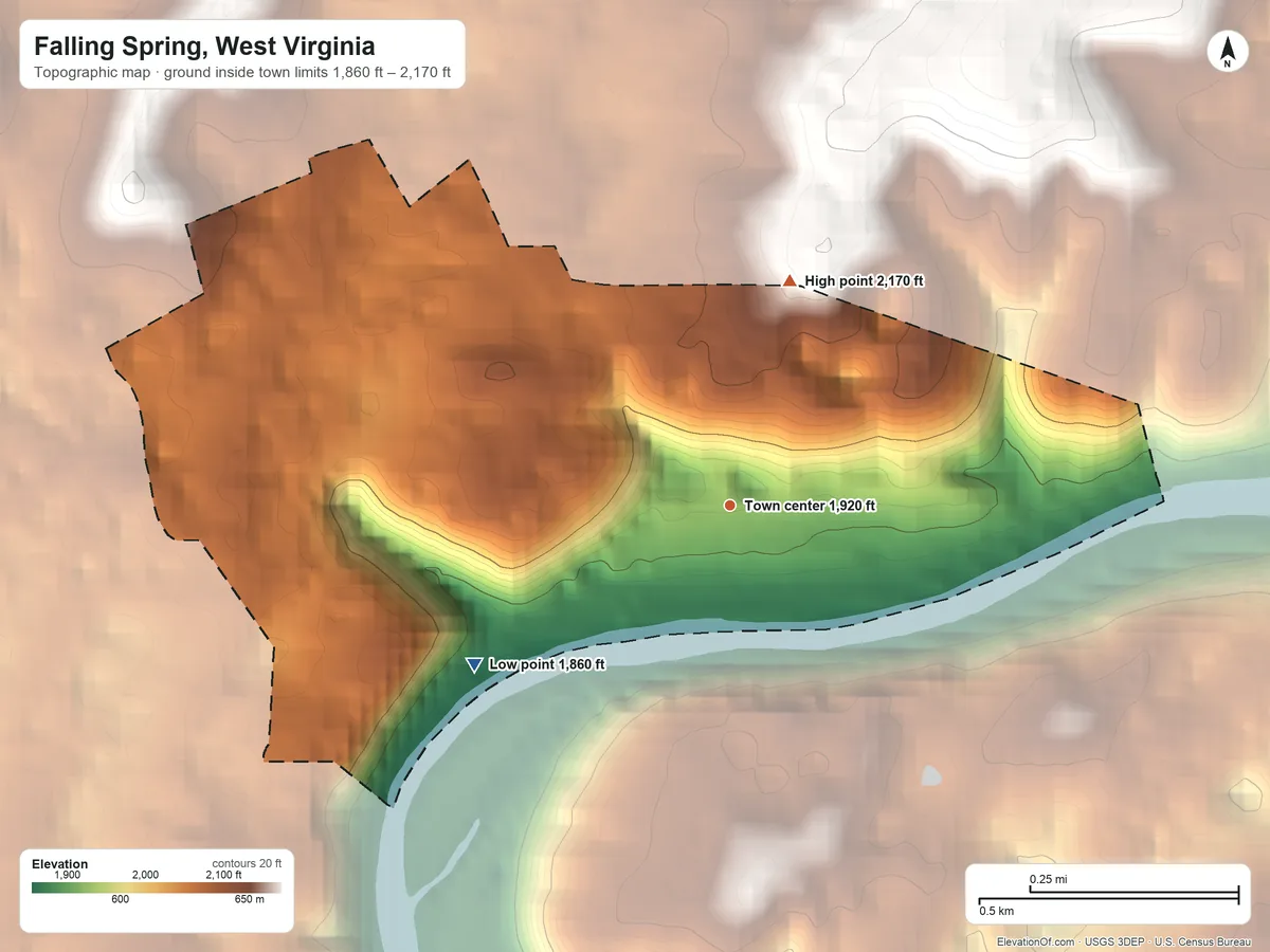Topographic elevation map of Falling Spring, West Virginia, shaded from 1,860 ft on the southwest side to 2,170 ft on the north edge, below higher ground just outside