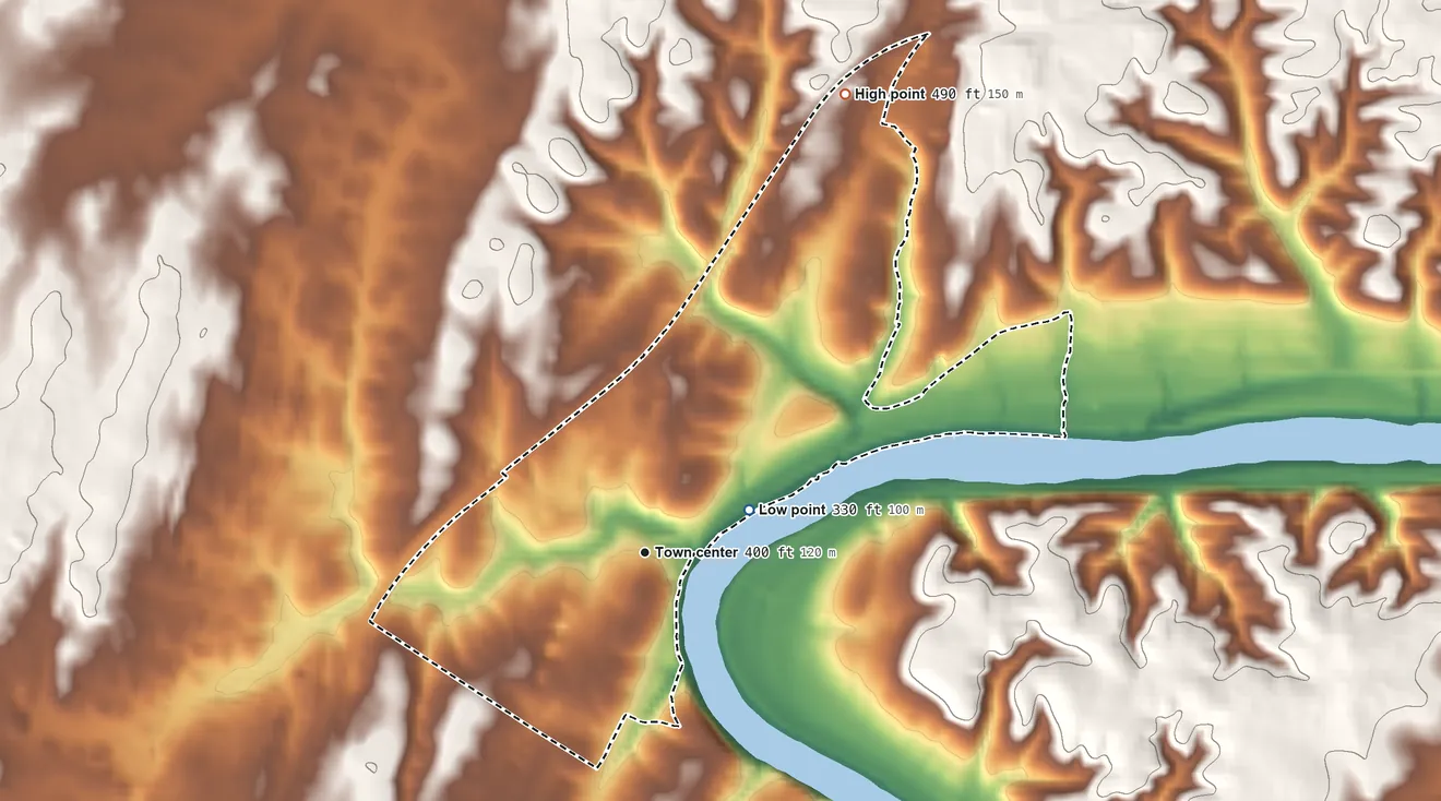Topographic elevation map of Falling Waters, West Virginia, shaded from 330 ft on the east side to 490 ft on the northeast side