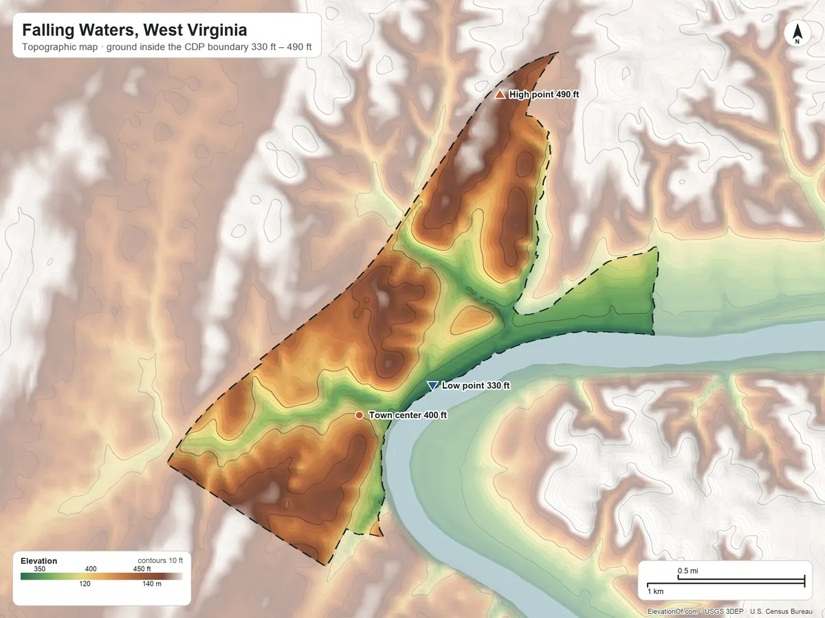 Topographic elevation map of Falling Waters, West Virginia, shaded from 330 ft on the east side to 490 ft on the northeast side