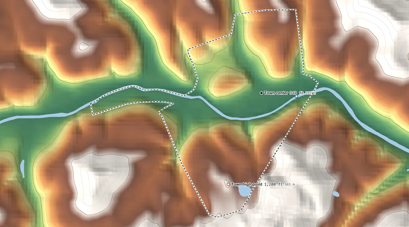 Topographic elevation map of Farmington, West Virginia, shaded from 930 ft on the east side to 1,200 ft on the south edge, below higher ground just outside