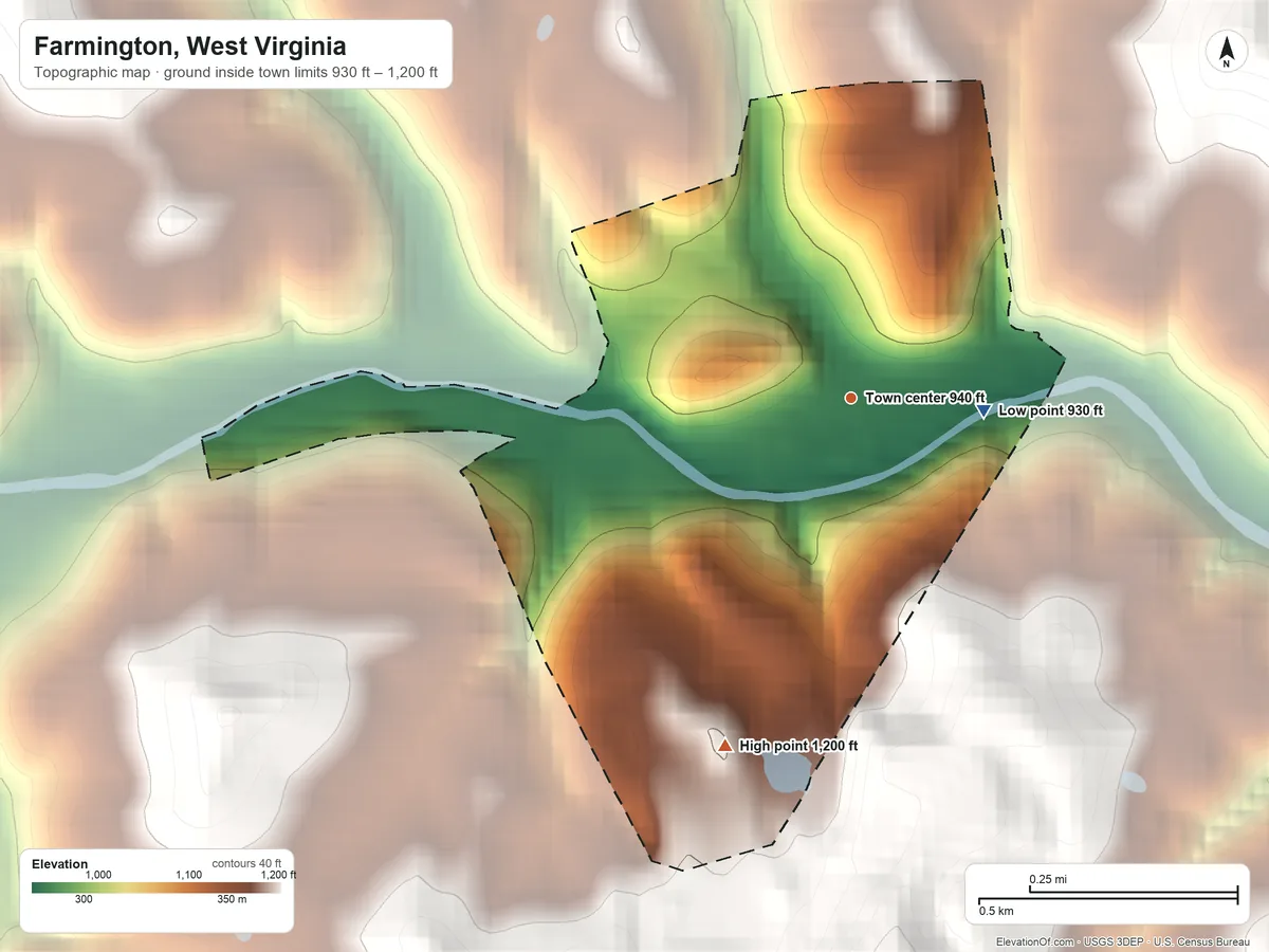 Topographic elevation map of Farmington, West Virginia, shaded from 930 ft on the east side to 1,200 ft on the south edge, below higher ground just outside