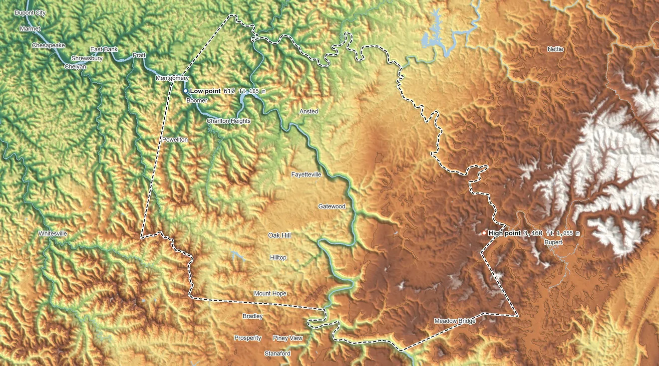 Topographic elevation map of Fayette County, West Virginia, shaded from 610 ft on the northwest side to 3,460 ft on Myles Knob