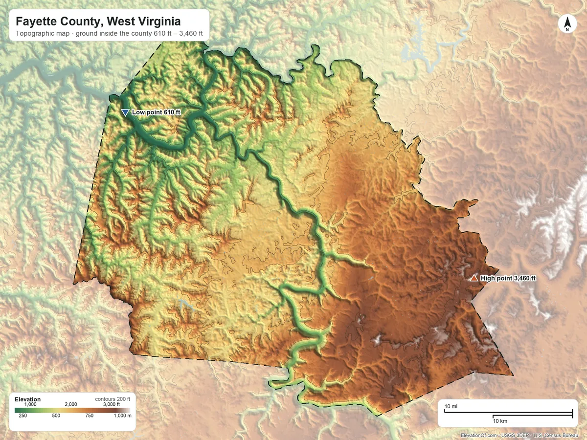 Topographic elevation map of Fayette County, West Virginia, shaded from 610 ft on the northwest side to 3,460 ft on Myles Knob