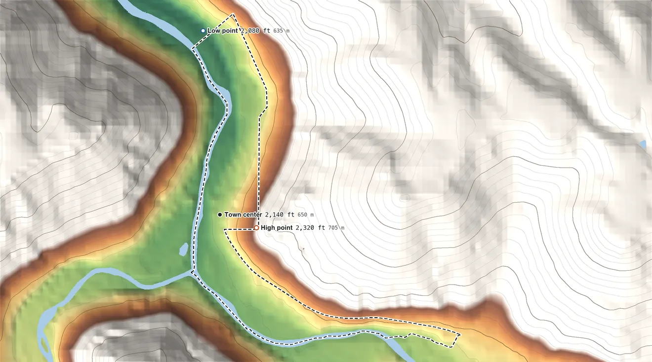 Topographic elevation map of Fenwick, West Virginia, shaded from 2,080 ft on the north side to 2,320 ft on the east edge, below higher ground just outside