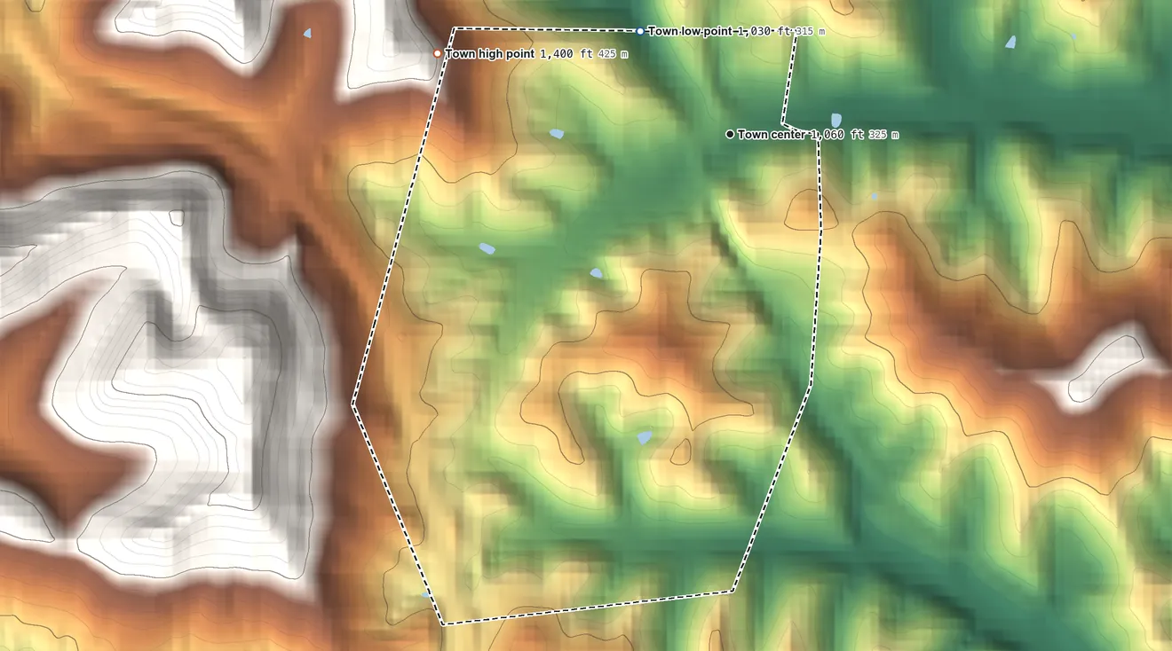 Topographic elevation map of Flatwoods, West Virginia, shaded from 1,030 ft on the northwest side to 1,400 ft on the west edge, below higher ground just outside