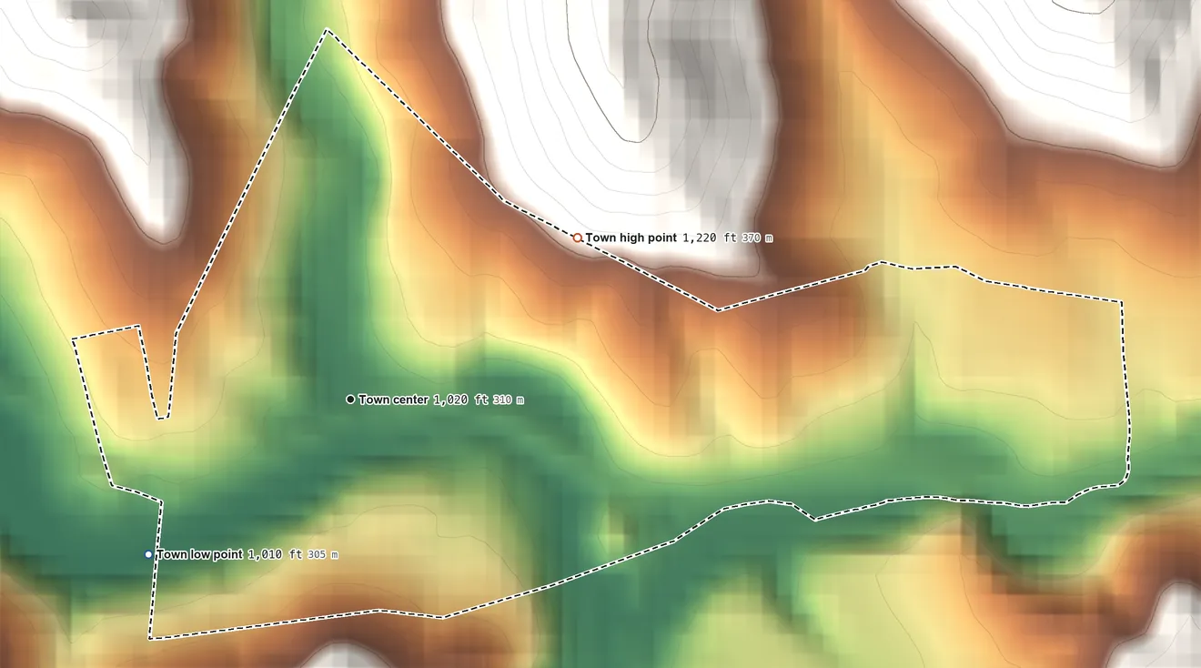 Topographic elevation map of Flemington, West Virginia, shaded from 1,010 ft on the southwest side to 1,220 ft on the northeast edge, below higher ground just outside