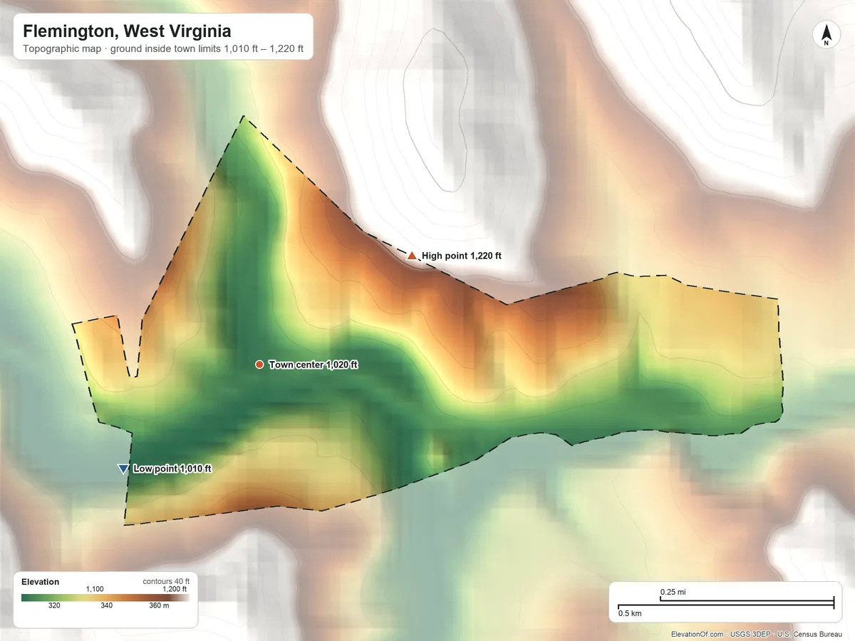 Topographic elevation map of Flemington, West Virginia, shaded from 1,010 ft on the southwest side to 1,220 ft on the northeast edge, below higher ground just outside