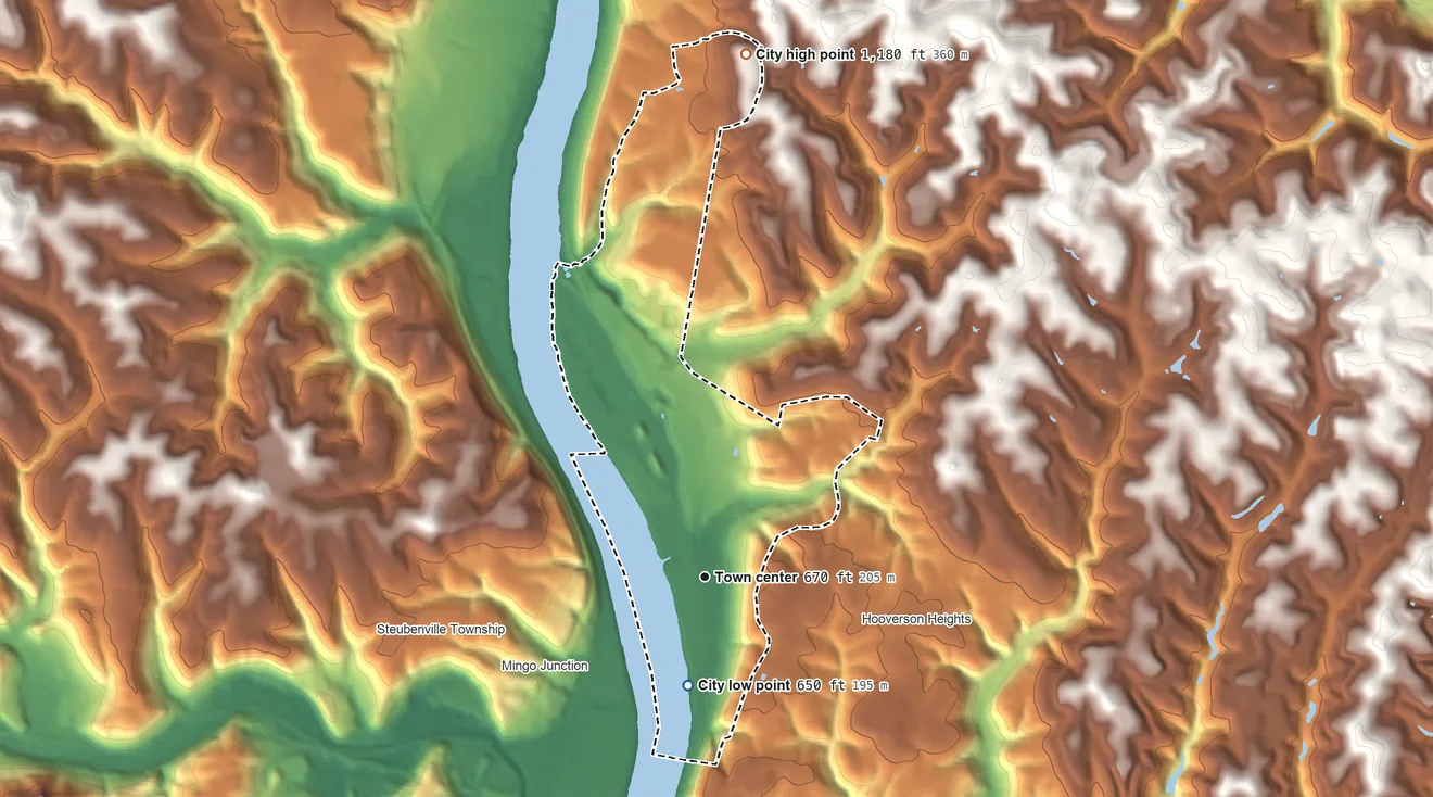 Topographic elevation map of Follansbee, West Virginia, shaded from 650 ft on the south side to 1,180 ft on the north side