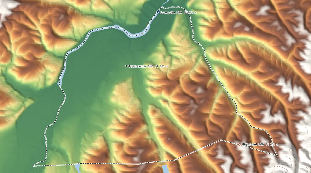 Topographic elevation map of Fort Ashby, West Virginia, shaded from 570 ft on the northeast side to 900 ft on the southeast edge, below higher ground just outside