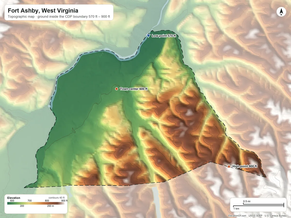 Topographic elevation map of Fort Ashby, West Virginia, shaded from 570 ft on the northeast side to 900 ft on the southeast edge, below higher ground just outside